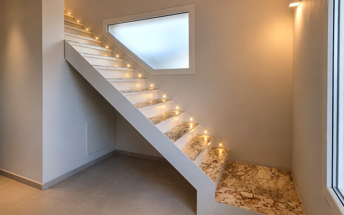Escalier en métal sur mesure BACCI Metalli avec marbre encastré et éclairage intégré
