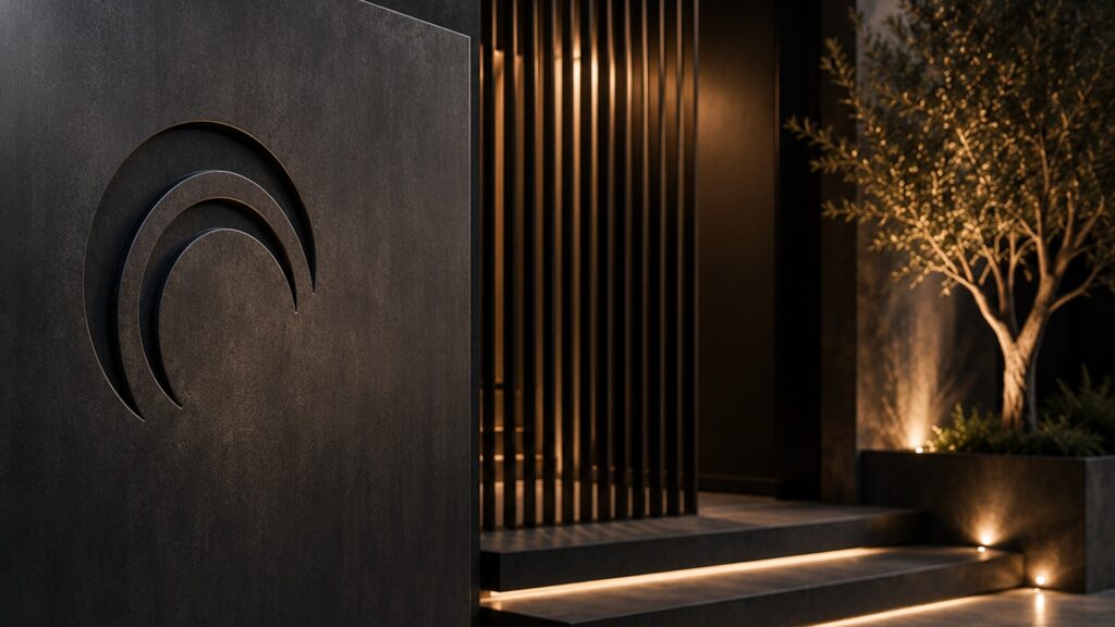 Premium architectural entrance with metal elements and lighting for the BACCI Metalli contact page