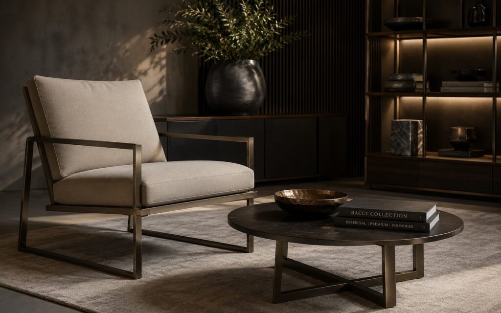 Poltroncina BACCI Collection in ambiente premium con struttura metallica e cuscini chiari