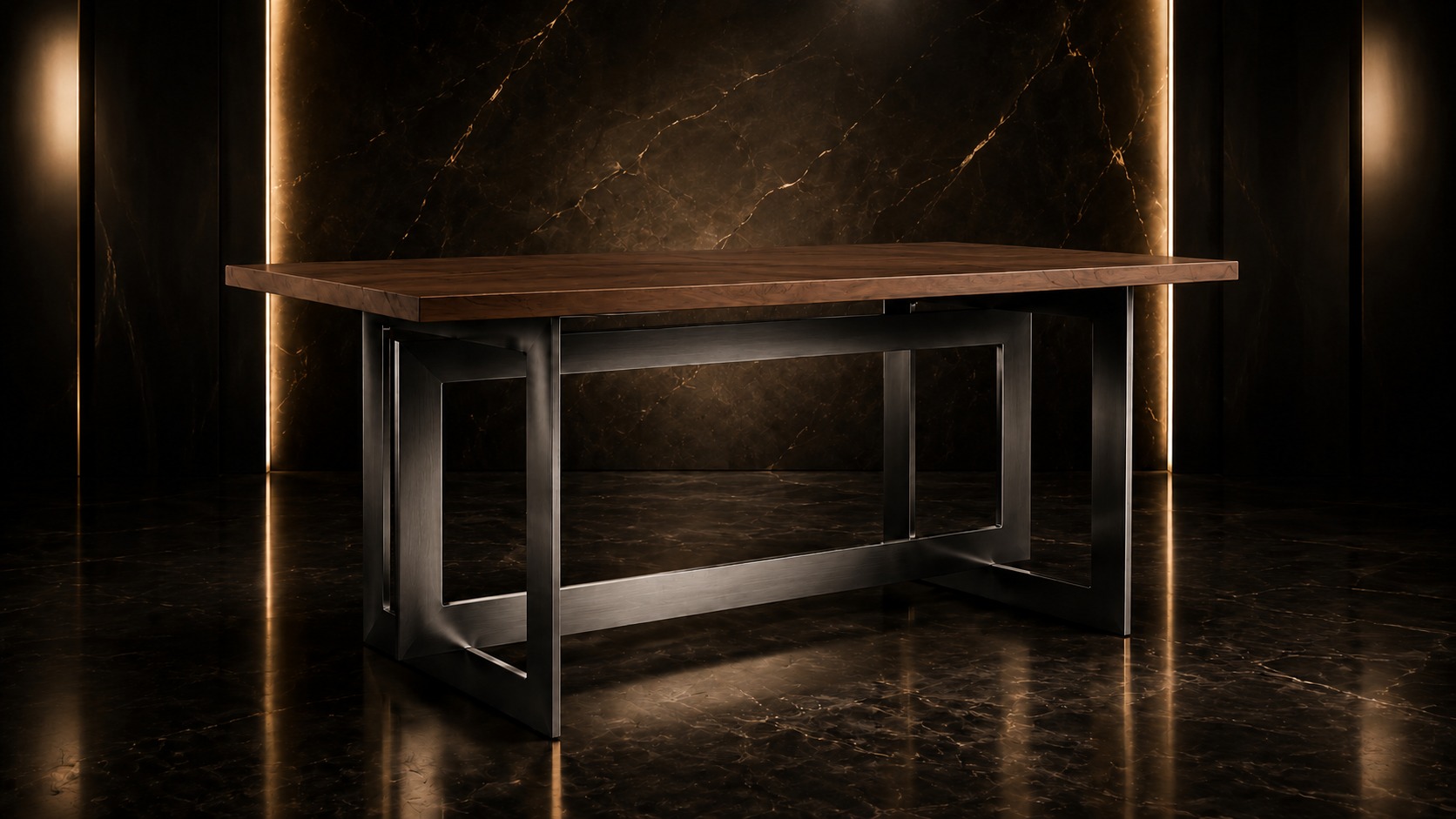 Tavolo Linea BACCI Collection in legno e metallo canna di fucile in ambiente premium luxury