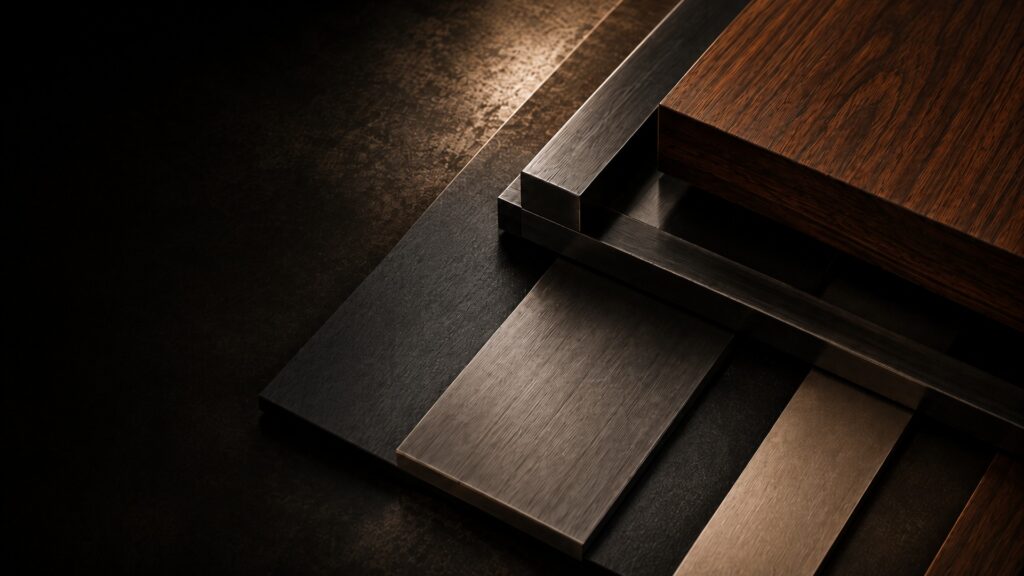 Materiali e finiture BACCI Metalli con superfici in metallo satinato e legno premium